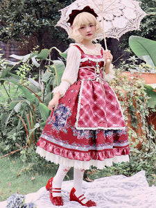 Sweet Lolita JSK Dress Fairytale Infanta Floral Print Lace Up Burgundy Lolita Jumper Skirts