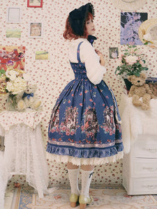Sweet Lolita JSK Dress Fairytale Infanta Floral Print Lace Up Burgundy Lolita Jumper Skirts