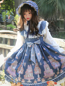 Sweet Lolita JSK Dress Fairytale Infanta Floral Print Lace Up Deep Blue Lolita Jumper Skirts