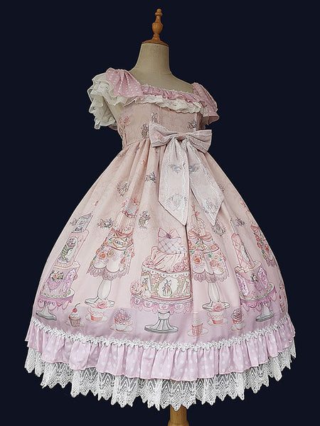 Sweet Lolita JSK Dress Fairytale Infanta Floral Print Lace Up Deep Blue Lolita Jumper Skirts