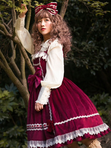 Sweet Lolita JSK Dress Fairytale Infanta Sleeveless Lace Burgundy Lolita Jumper Skirts