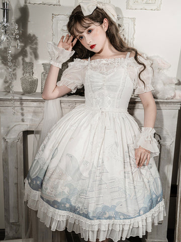 Sweet Lolita JSK Dress Lace Bows Polyester Sleeveless White Sweet Lolita Jumper Skirt