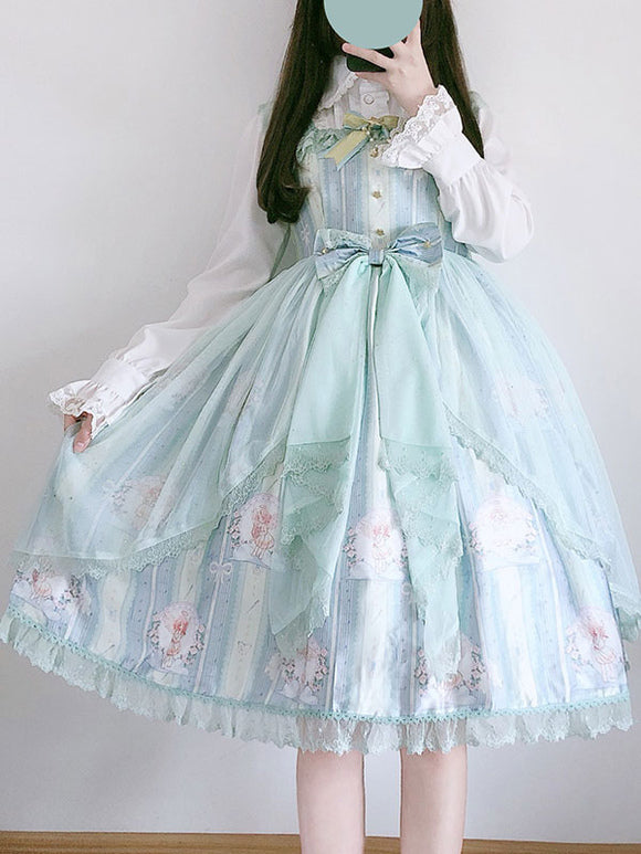 Sweet Lolita JSK Dress Lace Bows Ruffles Polyester Sleeveless Green Lolita Jumper Skirt