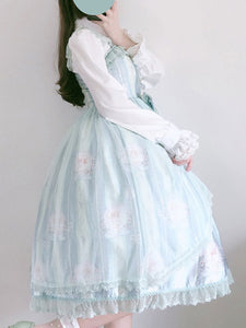 Sweet Lolita JSK Dress Lace Bows Ruffles Polyester Sleeveless Green Lolita Jumper Skirt