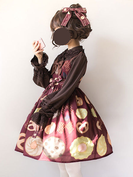 Sweet Lolita JSK Dress Light Apricot Sleeveless Bowknots Polyester Cookie Pattern Daily Casual Lolita Jumper Skirts