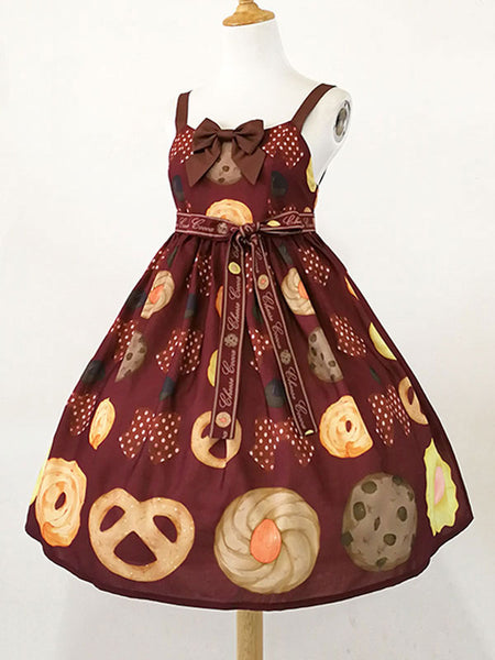 Sweet Lolita JSK Dress Light Apricot Sleeveless Bowknots Polyester Cookie Pattern Daily Casual Lolita Jumper Skirts