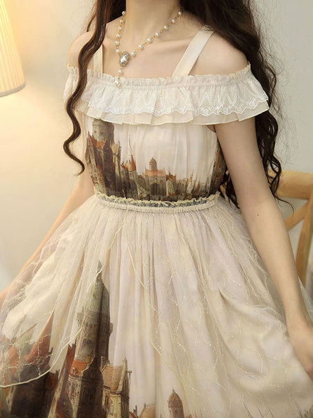 Sweet Lolita JSK Dress Light Apricot Sleeveless Polyester Lace Lolita Jumper Skirts