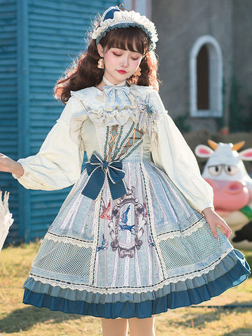 Sweet Lolita JSK Dress Light Sky Blue Animal Print Flowers Lace Up Lolita Jumper Skirts