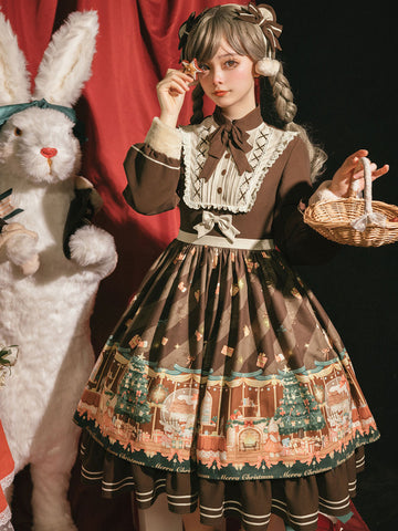 Sweet Lolita JSK Dress Long Sleeve Ruffles Chocolate Brown ROCOCO Lolita Jumper Skirt