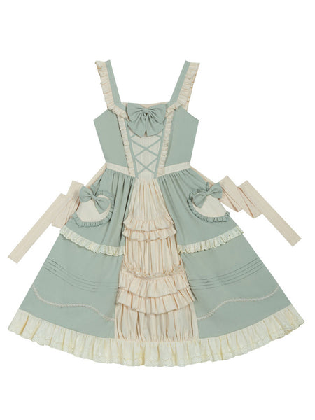 Sweet Lolita JSK Dress Mint Green Sleeveless Bows Lace Up Lolita Jumper Skirts