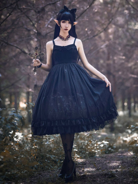 Sweet Lolita JSK Dress Neverland Black Sleeveless Ruffles Bows Polyester Floral Print Lolita Jumper Skirts