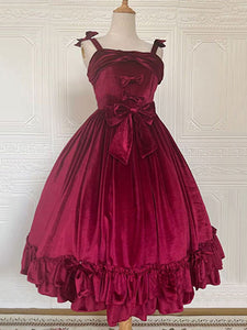 Sweet Lolita JSK Dress Neverland Bow Ruffles Velour Burgundy Lolita Jumper Skirts