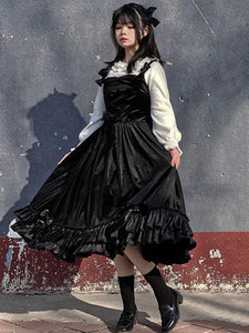Sweet Lolita JSK Dress Neverland Bow Ruffles Velour Burgundy Lolita Jumper Skirts