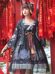 Sweet Lolita JSK Dress Neverland Floral Print Ruffles Black Lolita Jumper Skirts