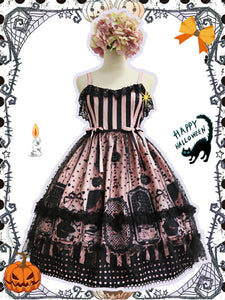 Sweet Lolita JSK Dress Neverland Floral Print Ruffles Bows Purple Black Gothic Lolita Jumper Skirts