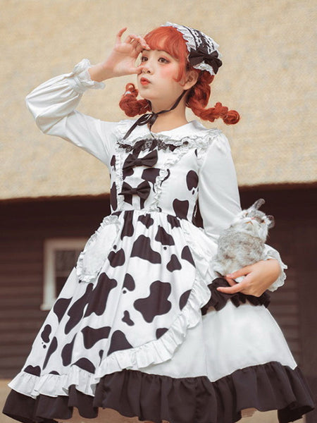 Sweet Lolita JSK Dress Neverland White Cow Pattern Sleeveless Ruffles Lolita Jumper Skirts