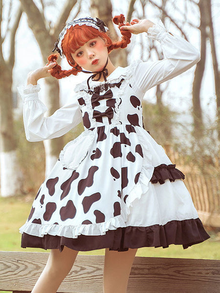 Sweet Lolita JSK Dress Neverland White Cow Pattern Sleeveless Ruffles Lolita Jumper Skirts