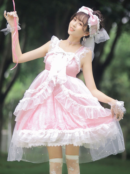 Sweet Lolita JSK Dress Pink Sleeveless Bows Polyester Lace Lolita Jumper Skirts