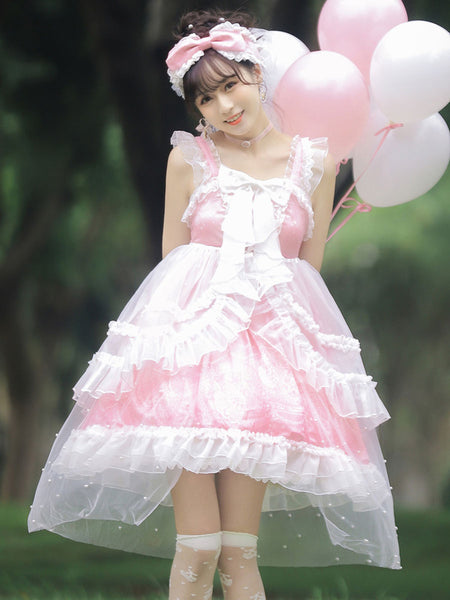 Sweet Lolita JSK Dress Pink Sleeveless Bows Polyester Lace Lolita Jumper Skirts