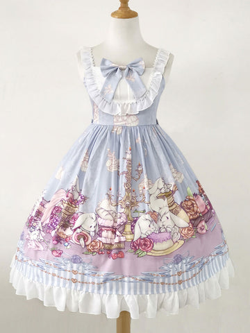 Sweet Lolita JSK Dress Pink Sleeveless Bunny Pattern Ruffles Lolita Daily Casual Jumper Skirts