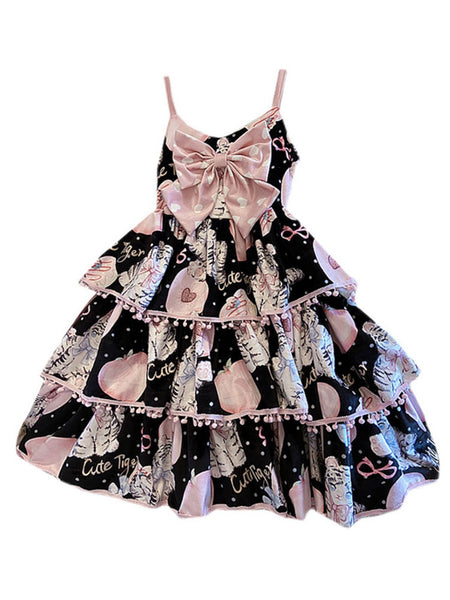 Sweet Lolita JSK Dress Polyester Bows Ruffles Sleeveless Black Lolita Jumper Skirt