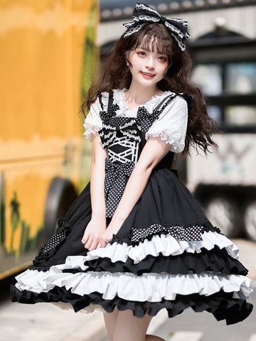 Sweet Lolita JSK Dress Polyester Sleeveless Bow Lace Polka Dot Black Lolita Jumper Skirt