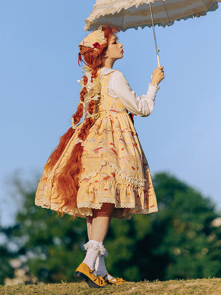 Sweet Lolita JSK Dress Polyester Sleeveless Bows Lace Lace Up Ruffles Yellow Lolita Jumper Skirt
