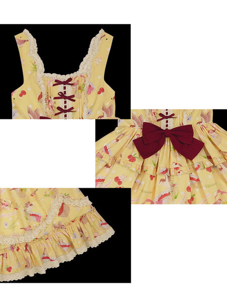 Sweet Lolita JSK Dress Polyester Sleeveless Bows Lace Lace Up Ruffles Yellow Lolita Jumper Skirt