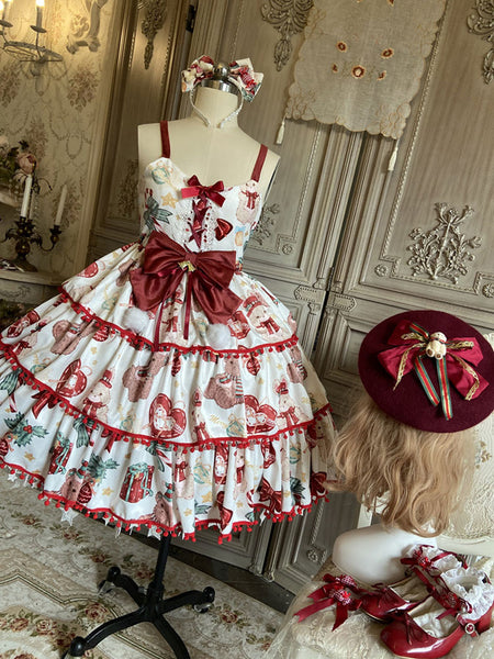 Sweet Lolita JSK Dress Polyester Sleeveless Bows Lace Up Red Sweet Lolita Jumper Skirt