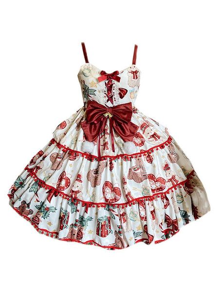 Sweet Lolita JSK Dress Polyester Sleeveless Bows Lace Up Red Sweet Lolita Jumper Skirt