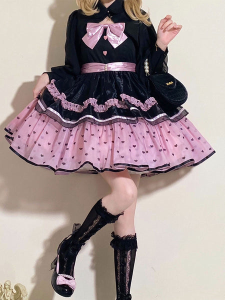 Sweet Lolita JSK Dress Polyester Sleeveless Bows Ruffles Black Pink Lolita Jumper Skirt