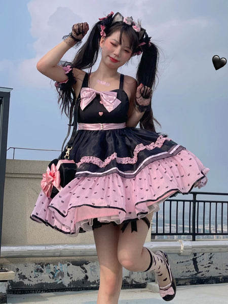 Sweet Lolita JSK Dress Polyester Sleeveless Bows Ruffles Black Pink Lolita Jumper Skirt