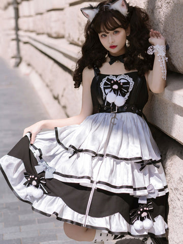 Sweet Lolita JSK Dress Polyester Sleeveless Bows Ruffles Lace White Lolita Jumper Skirt