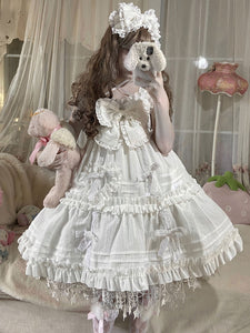 Sweet Lolita JSK Dress Polyester Sleeveless Bows Ruffles White Lolita Jumper Skirt