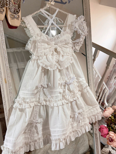 Sweet Lolita JSK Dress Polyester Sleeveless Bows Ruffles White Lolita Jumper Skirt