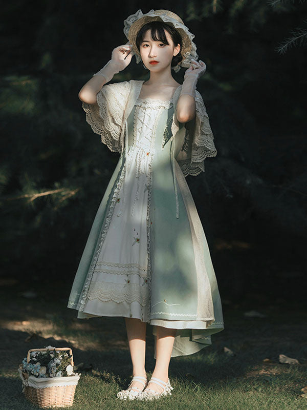 Sweet Lolita JSK Dress Polyester Sleeveless Floral Print Lace Up Light Green Lolita Jumper Skirts