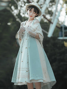 Sweet Lolita JSK Dress Polyester Sleeveless Floral Print Lace Up Light Green Lolita Jumper Skirts