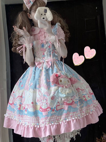 Sweet Lolita JSK Dress Polyester Sleeveless Floral Print Pattern Sleeveless Bows Lace Ruffles Pink Lolita Jumper Skirt