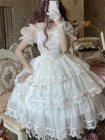 Sweet Lolita JSK Dress Polyester Sleeveless Lace Bow White Lolita Jumper Skirt