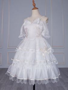 Sweet Lolita JSK Dress Polyester Sleeveless Lace Bow White Lolita Jumper Skirt