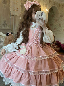Sweet Lolita JSK Dress Polyester Sleeveless Lace Ruffles Bows Pink Lolita Jumper Skirt