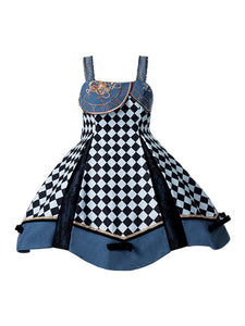 Sweet Lolita JSK Dress Polyester Sleeveless Plaid Pattern Polyester Embroidered Blue Sweet Lolita Jumper Skirt