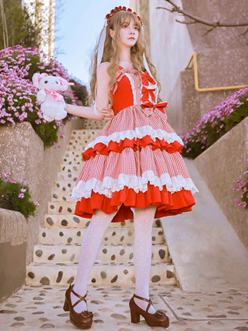 Sweet Lolita JSK Dress Polyester Sleeveless Ruffles Watermelon Red Sweet Lolita Jumper Skirt