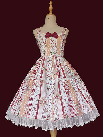 Sweet Lolita JSK Dress Sleeveless Lace Bowknot Strawberry Pattern Pink Lolita Jumper Skirts