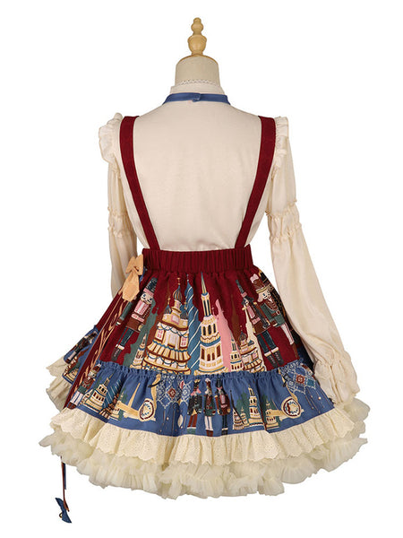 Sweet Lolita JSK Dress Tie 2-Piece Set Burgundy Polyester Sleeveless Lolita Jumper Skirt Outfit