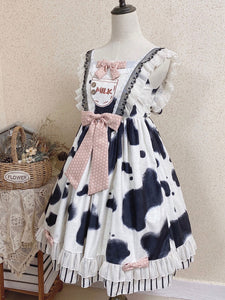 Sweet Lolita JSK Dress White Sleeveless Cow Pattern Bowknots Daily Casual Lolita Jumper Skirts