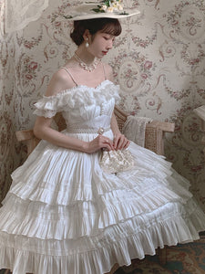 Sweet Lolita JSK Dress White Sleeveless Polyester Ruffle Lace Lolita Jumper Skirts