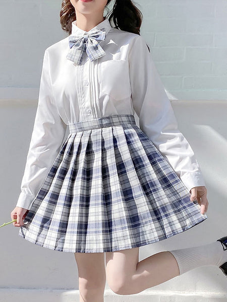 Sweet Lolita Mini Skirt Plaid Pattern Bows Polyester Academic Mini Skirt