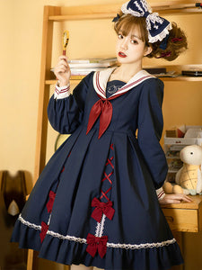 Sweet Lolita OP Dress 2-Piece Set Floral Print Navy Bows Ruffles Lolita One Piece Dresses Outfit