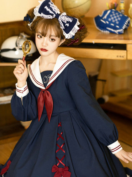 Sweet Lolita OP Dress 2-Piece Set Floral Print Navy Bows Ruffles Lolita One Piece Dresses Outfit